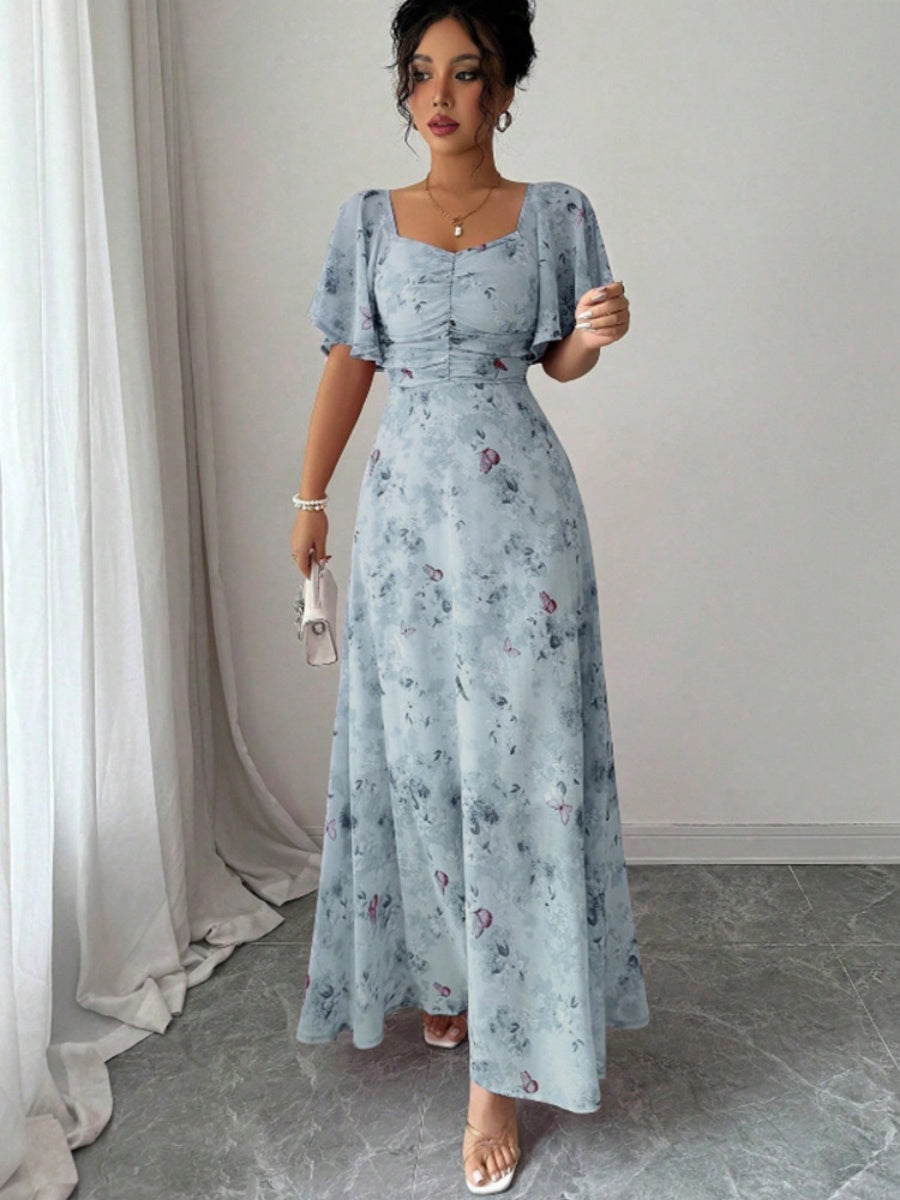 Floral Lotus Leaf Sleeves Sweetheart Collar Vacation And Leisure Maxi Dresses