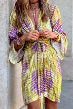 V Neck Knot Front Flare Sleeve Tie Dye Dress