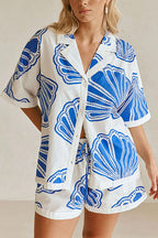 V Neck Short Sleeves Shirt and Drawstring Waist Shorts Seashell Print Set