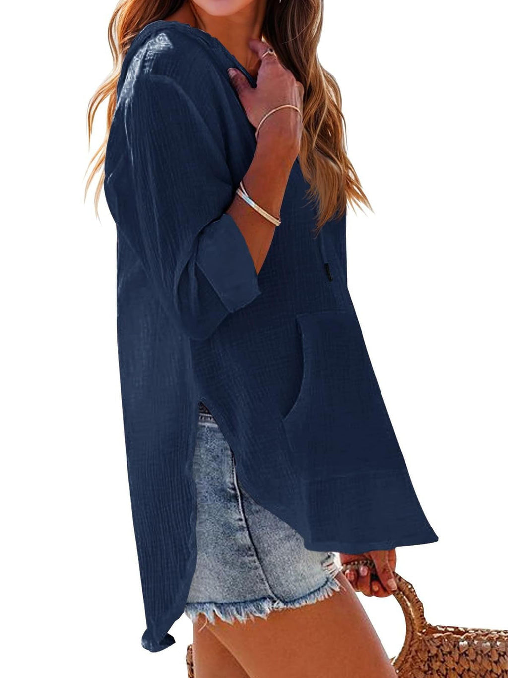 Long-sleeved V-neck Pocket Hoodie