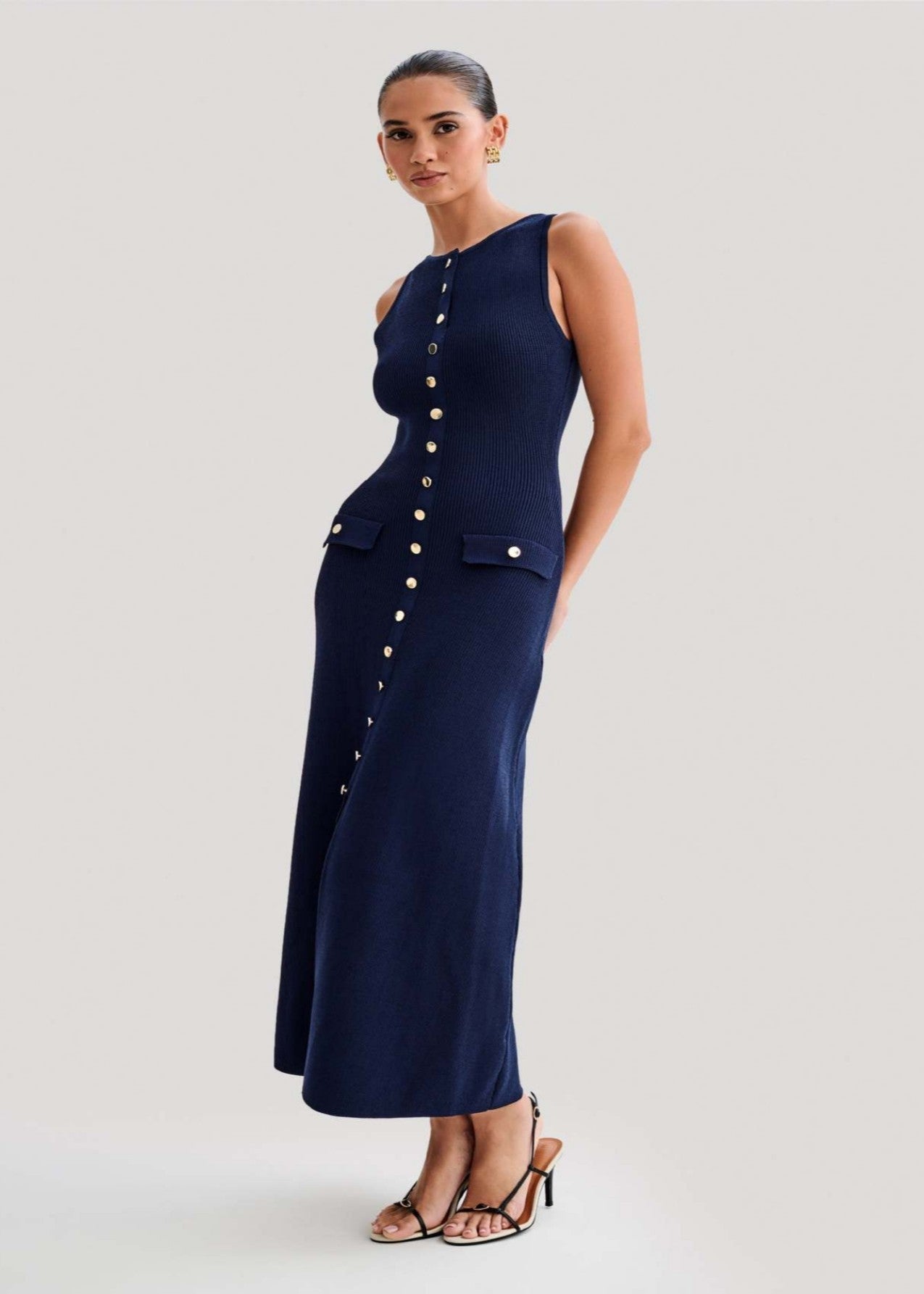 Rib Knit Sleeveless Button Front Flap Pocket Midi Dress