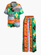 Printed Vacation Long-sleeved Shirt Pants Wide Leg Set 2-piece Sets