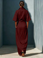 Casual V-neck Short-sleeved Tie-waist Solid Color Maxi Dresses