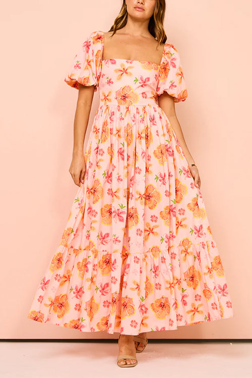 Square Neck Puff Sleeves Floral Print Ruffle Maxi Dress