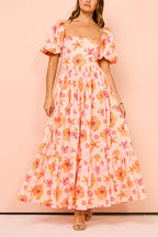 Square Neck Puff Sleeves Floral Print Ruffle Maxi Dress