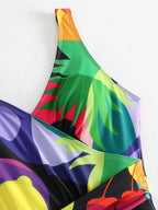 One-piece Swimsuit With Cross-over Print, Revealing Backpack And Hip-revealing Long Skirt (two-piece Set)
