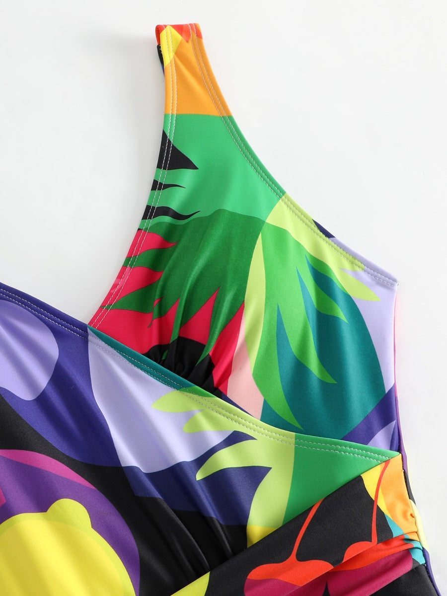 One-piece Swimsuit With Cross-over Print, Revealing Backpack And Hip-revealing Long Skirt (two-piece Set)