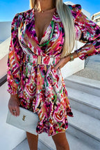 Printed V Neck Long Sleeve Belted Ruffle Swing Dress