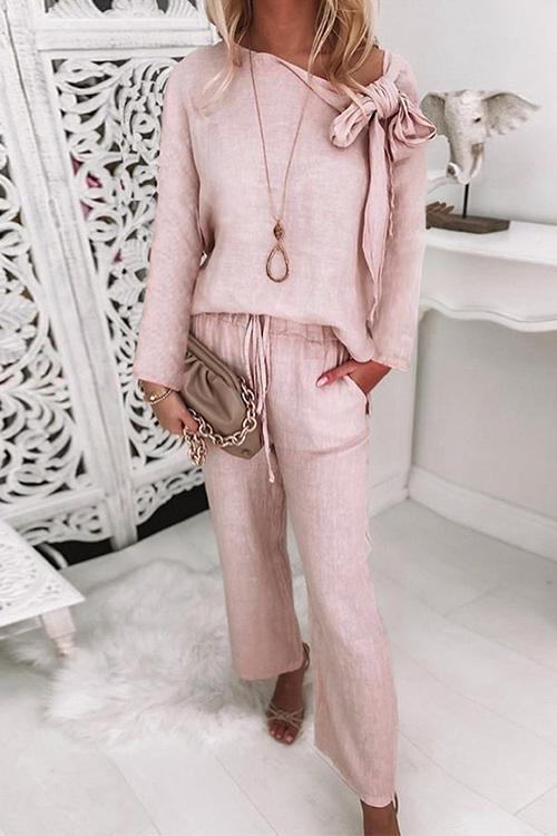 Bow Knot Neck Pullover Drawstring Wide Leg Pants Set