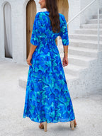 Printed Straps V-neck Short Sleeve Slit Maxi Dresses