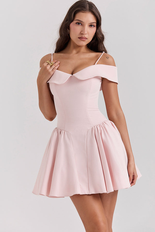 Off Shoulder Foldover Collar Spaghetti Strap Pleated Fit and Flare Mini Dress