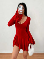 V-neck Long Sleeve Ruffle Mini&Short Dresses