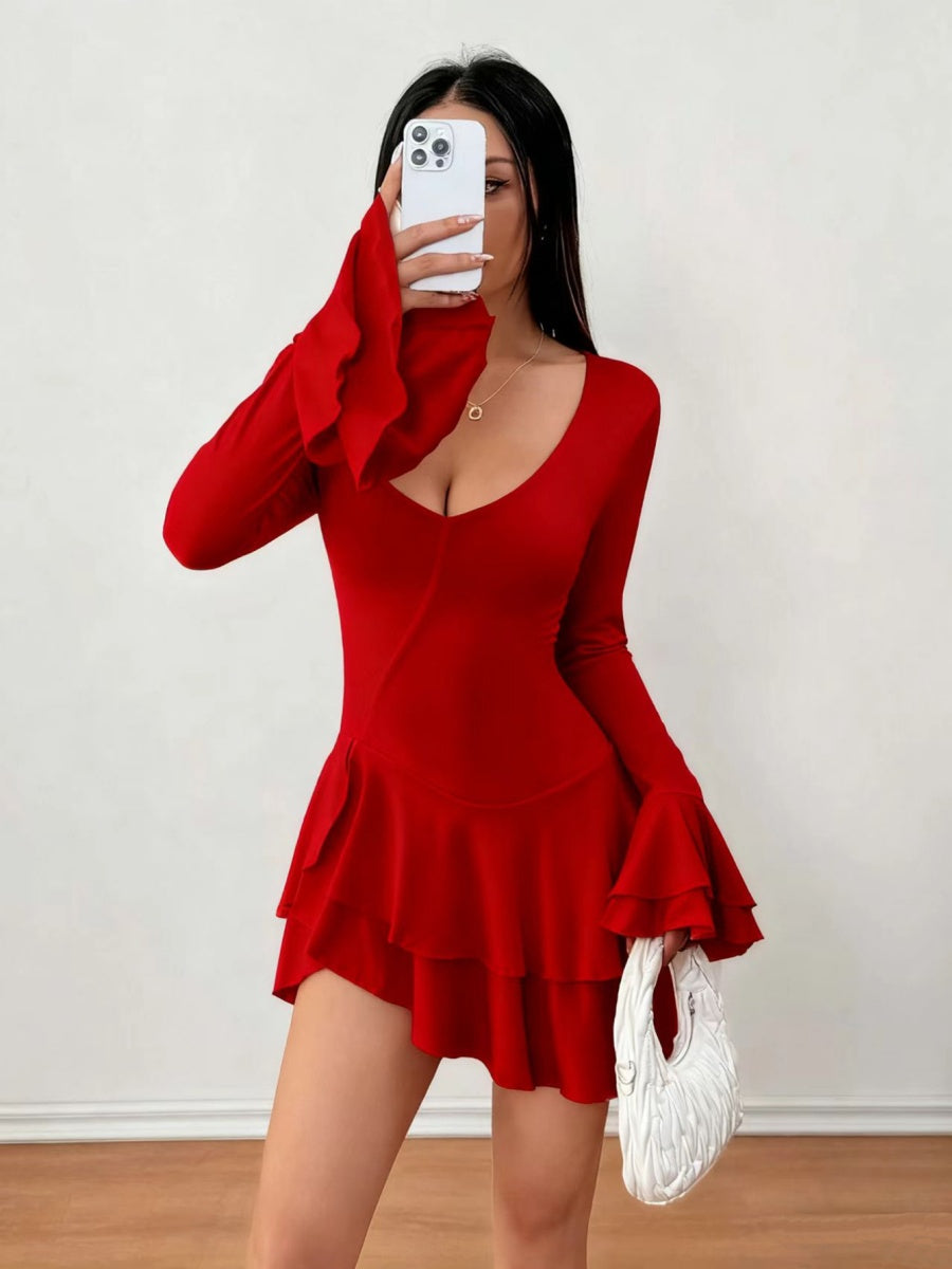 V-neck Long Sleeve Ruffle Mini&Short Dresses
