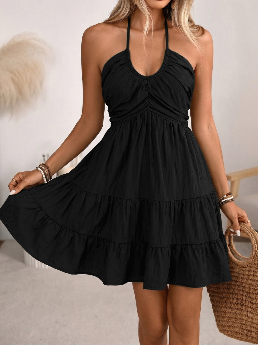 Halter V-neck Drawstring Loose-fit Vacation Maxi Dresses