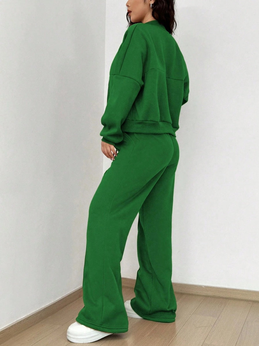Sports And Leisure Solid Color Crew Neck Zipper 2-piece Sets