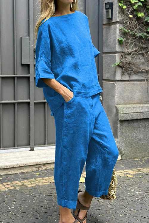 Cotton Linen Half Sleeves Pullover Top Wide Leg Tapered Pants Set