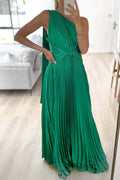 Draped One Shoulder Waisted Pleated Maxi Party Dress