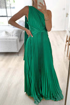 Draped One Shoulder Waisted Pleated Maxi Party Dress