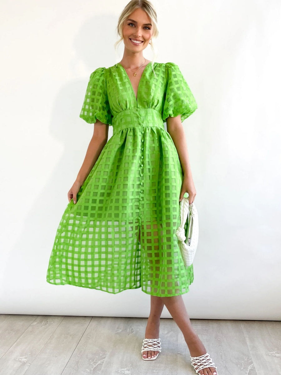 Balloon Sleeve Color Hollow Temperament Midi Dresses