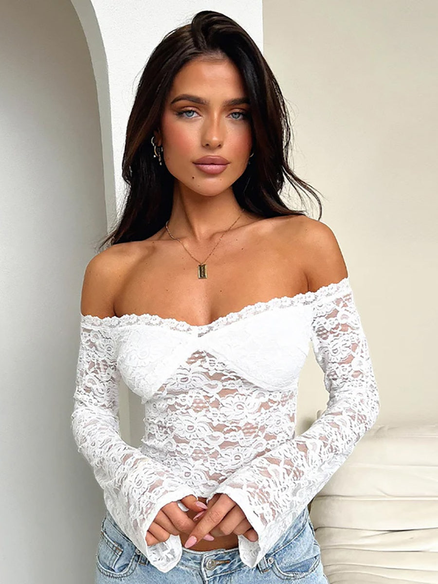 Fitted Lace Off-shoulder Short See-through Top