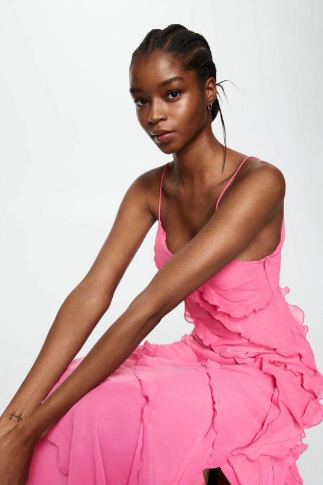 Spaghetti Strap V-Neck Tiered Ruffle High Slit Maxi Dress
