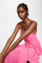 Spaghetti Strap V-Neck Tiered Ruffle High Slit Maxi Dress