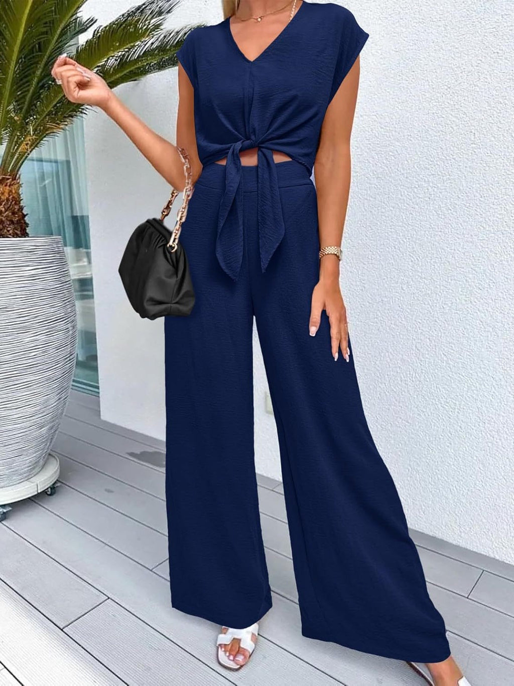 V-neck Tie-up Cropped Wide-leg Pants Two-piece Set