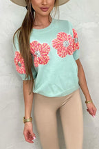 Crewneck Short Sleeves 3D Flower Sweater Top