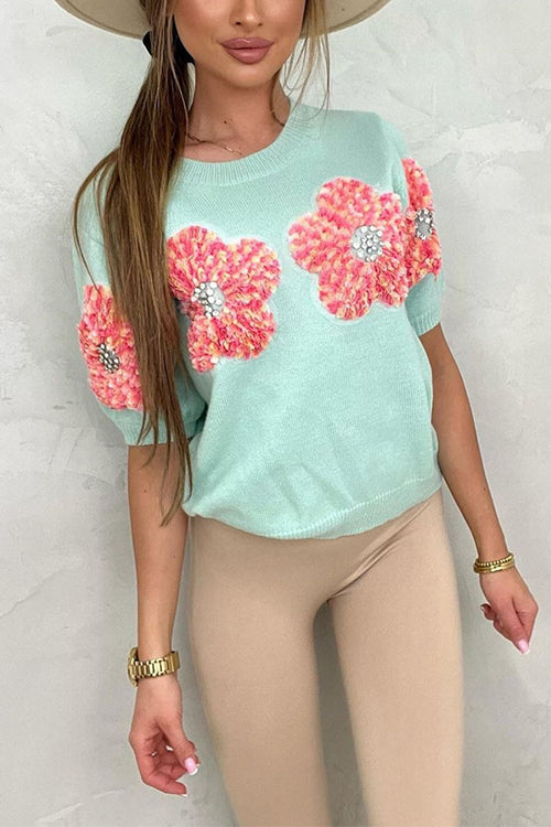 Crewneck Short Sleeves 3D Flower Sweater Top
