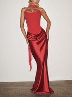 Satin Tie Ribbon Off-shoulder Sexy Strapless Bodycon Maxi Dress With Cinched Waist