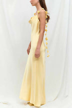 Cowl Neck Flower Applique Satin Maxi Cami Dress