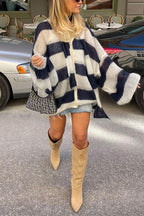 Lantern Sleeves Button Down Color Block Stripes Sweater with Scarf