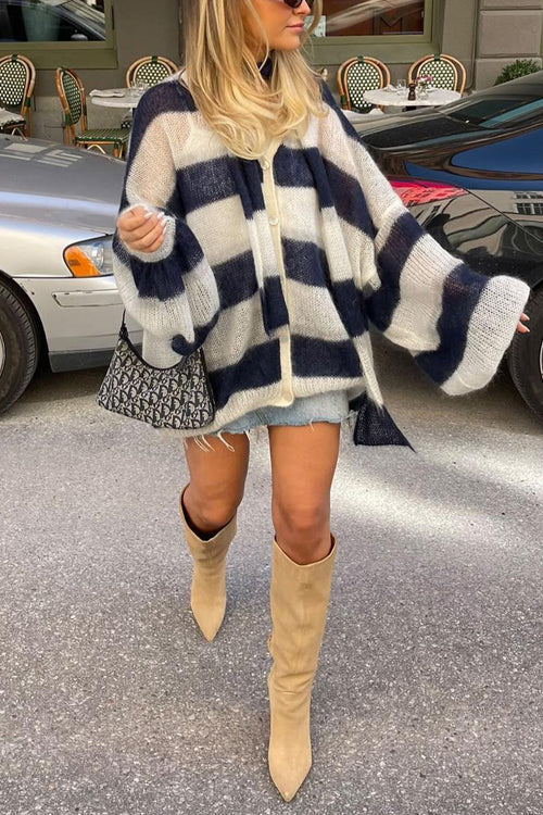 Lantern Sleeves Button Down Color Block Stripes Sweater with Scarf