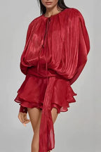 Lantern Long Sleeves Draped Ruffle Layered Mini Dress with Shorts