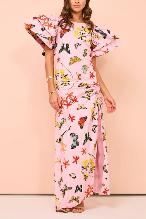 Flounce Sleeves Drawstring Slit Printed Maxi Dress
