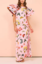 Flounce Sleeves Drawstring Slit Printed Maxi Dress