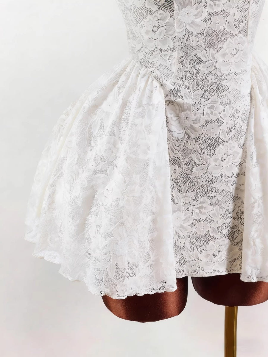 Square Collar Waist Bud Puff Lace Mini&Short Dresses