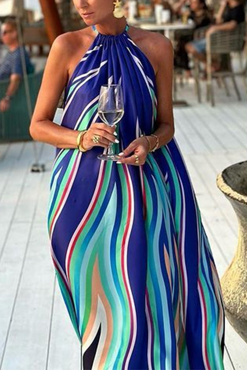 Halter Sleeveless Color Block Printed Swing Maxi Vacation Dress