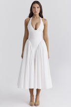 Olga Exclusive White Cotton Halterneck Midi Summer Dress Premium Wardrobe Essential