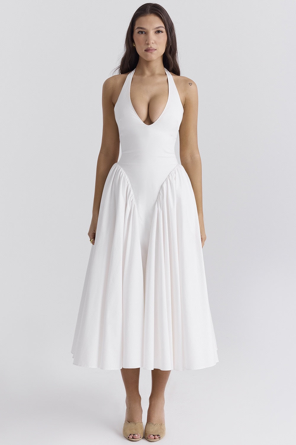Olga Exclusive White Cotton Halterneck Midi Summer Dress Premium Wardrobe Essential