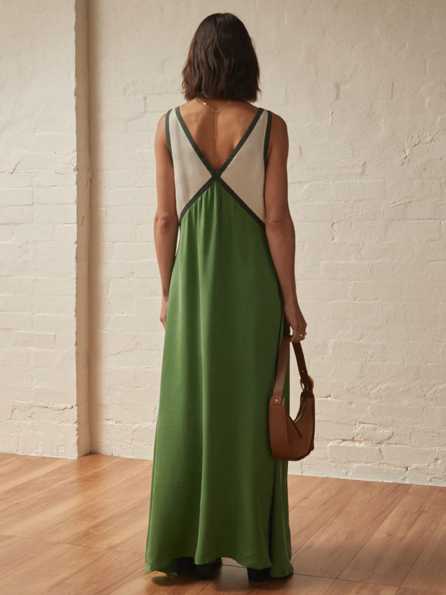 V-neck Sleeveless Color-blocked Maxi Dress