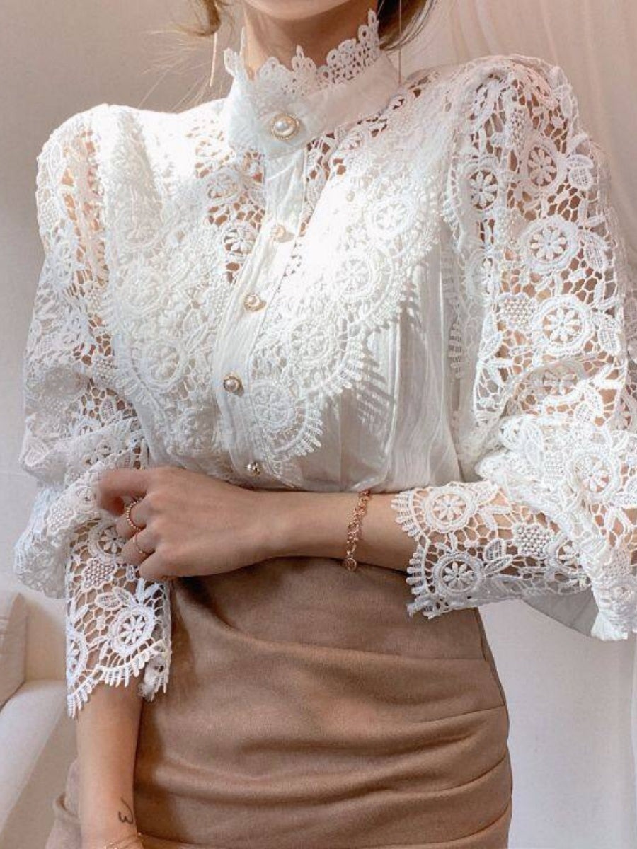 Button-up Lace Openwork Floral Patchwork Shirt