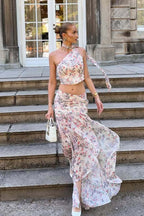 Light Pink Purple Floral One Shoulder Sleeveless Two Piece Set