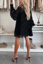 | A-line mini dress in night rose with lace bow and long balloon sleeves