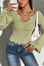 Solid Color V-neck Flared Long-sleeved Fitted Top
