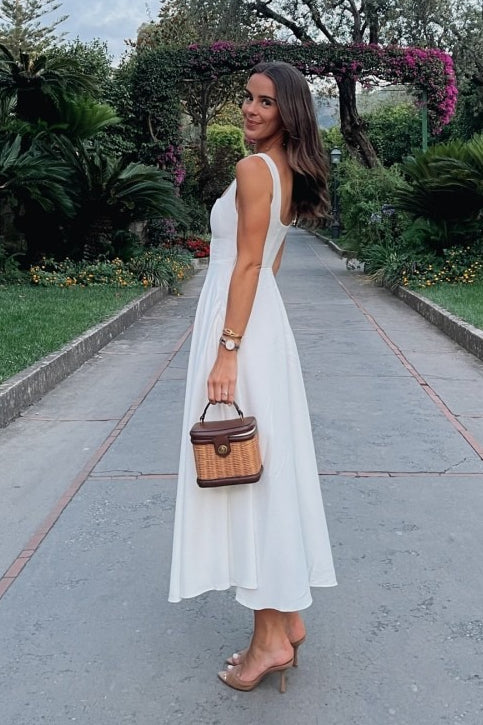 Square Neck Sleeveless Basque Waist A Line Midi Dress