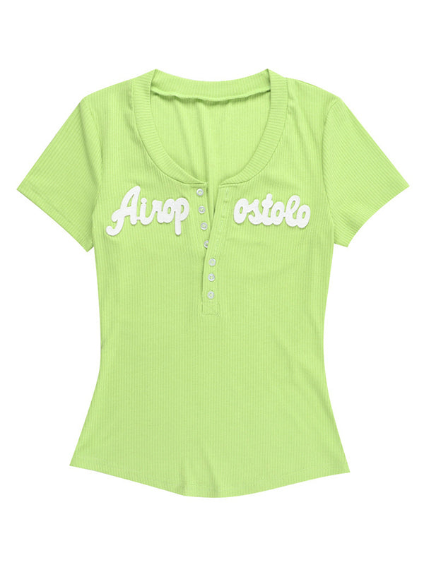V Neck Letter Print Short Sleeve Knits