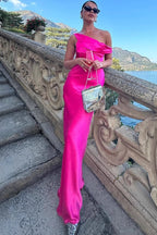 Satin Asymmetric Cowl Neck One Shoulder Column Maxi Dress