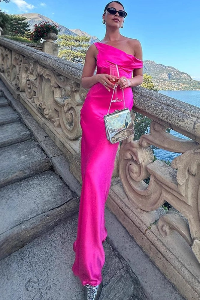 Satin Asymmetric Cowl Neck One Shoulder Column Maxi Dress