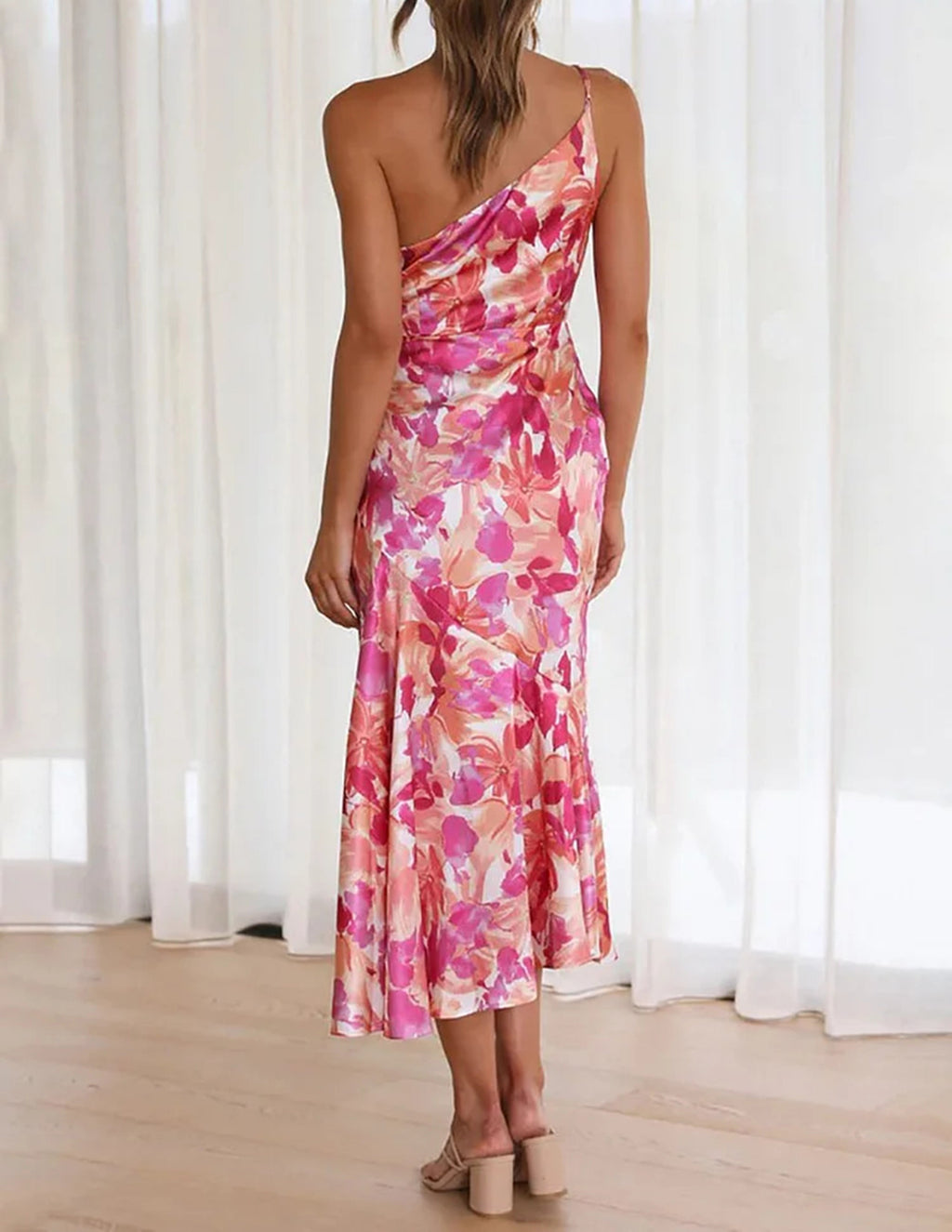 One Shoulder Floral Print Ruched Satin Flared Midi Dress